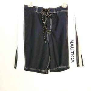 Nautica Men's Swim Trunks Blue with White and Yellow Stripe and Logo Size 36W